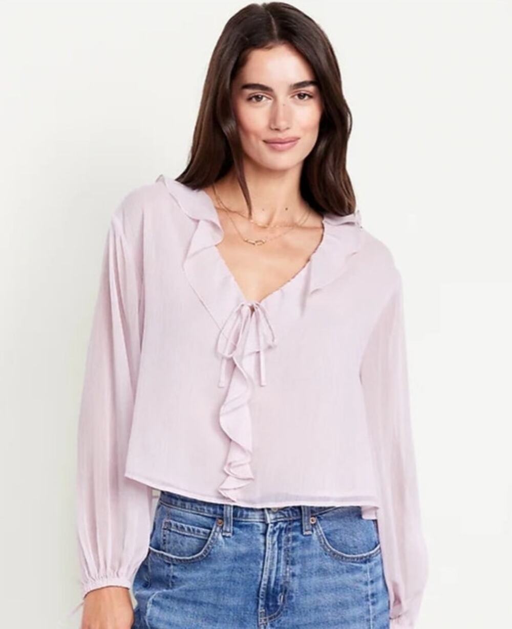 Old Navy Lilac Mist Ruffled Chiffon Cropped Blouse Petite Small V Neck Tie Front